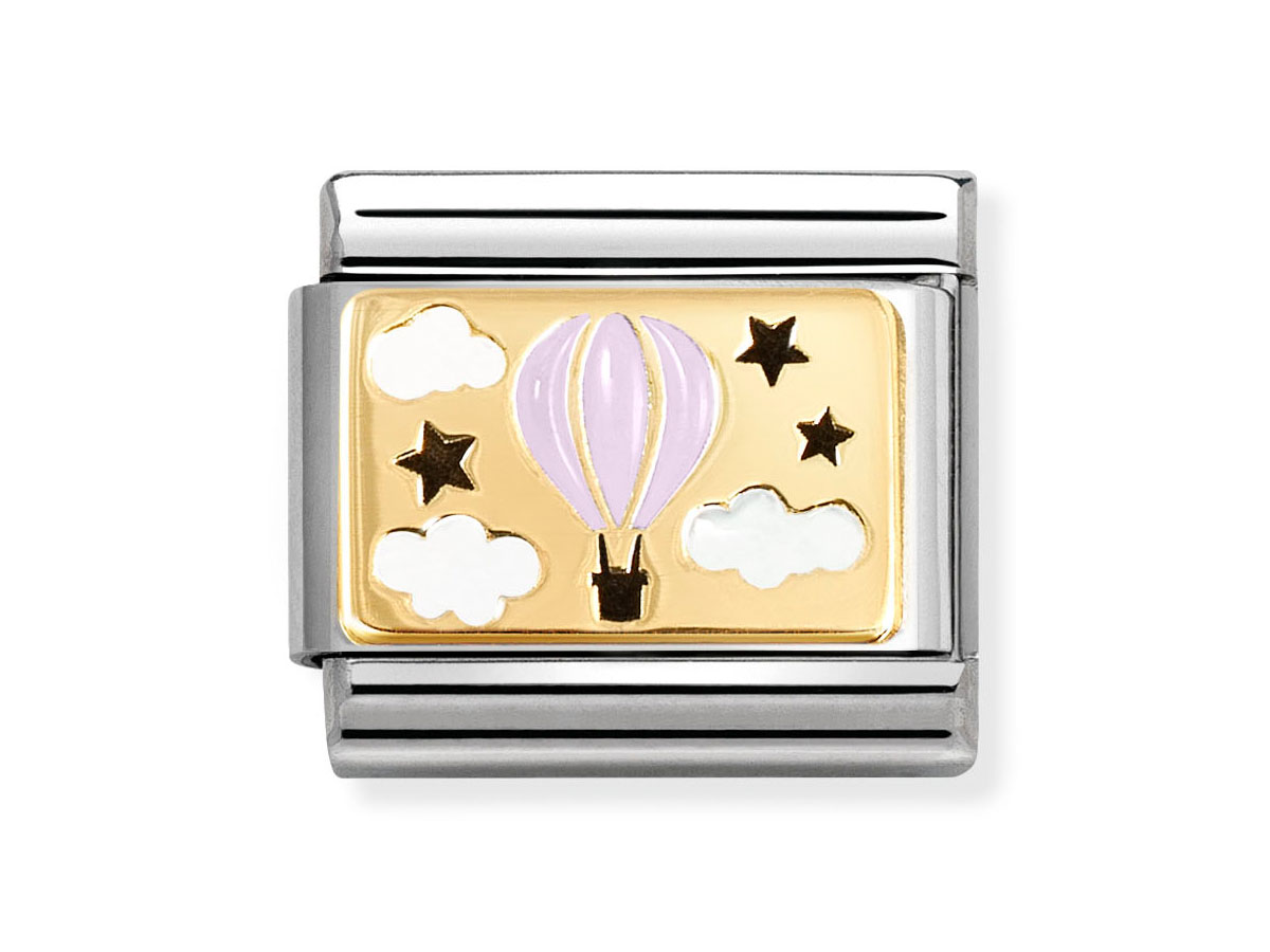 Plättchen aus 585 Gelbgold mit einer Gravur eines rosa Luftballons und bunten Wolken sowie Sternen, Hersteller Nomination, Neuheit, Element für Armbänder.