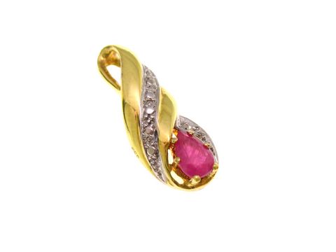 Bicolor Traum Goldanhänger mit einem Rubin und Diamanten, elegant geschwungenes Design, hergestellt von Juwelier Harnisch, ideal für besondere Anlässe und als edles Schmuckstück.