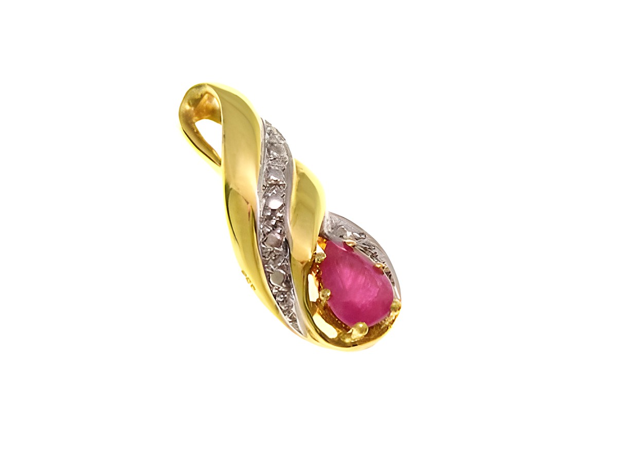 Bicolor Traum Goldanhänger mit einem Rubin und Diamanten, elegant geschwungenes Design, hergestellt von Juwelier Harnisch, ideal für besondere Anlässe und als edles Schmuckstück.