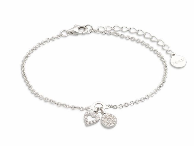 Xenox Sterling Silber Armband XS2930 mit einer Ankerkette in der Länge von 15 bis 18,5 cm, verziert mit einem Herz und einem glitzernden Kreis, ideal für romantische Anlässe.