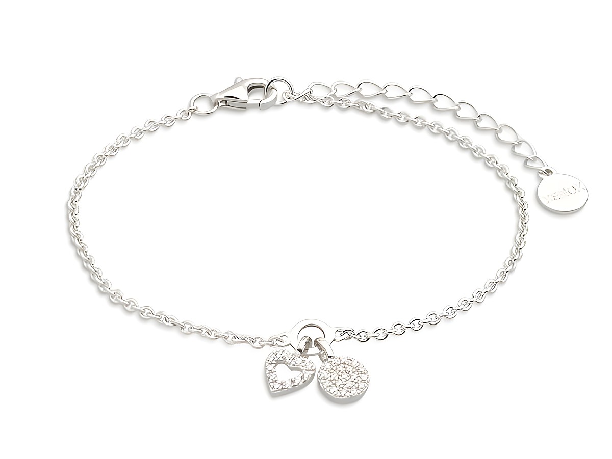 XENOX Sterling Silber Armband XS2930 mit einer Ankerkette in der Länge von 15 bis 18,5 cm, verziert mit einem Herz und einem glitzernden Kreis, ideal für romantische Anlässe.