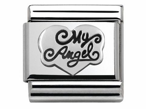 433010114-0 Klassisches Edelstahlarmband mit oxidierten Symbolen, besonders mit dem Herzen und der eingravierten Aufschrift My Angel, aus 925er Silber von Nomination SilverShine.