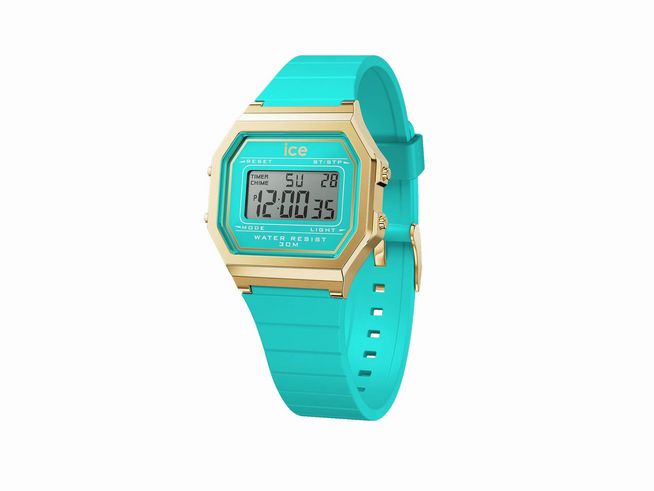 50441302-0 Ice Watch Uhr ICE digit retro Blue curacao 022055 Small in Türkis mit goldenen Akzenten und digitalem Ziffernblatt, wasserfest, modernes Design für Freizeit und Alltag.