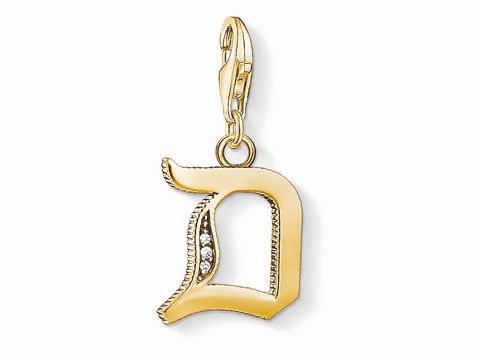 Vergoldeter Charm-Anhänger Buchstabe D von Thomas Sabo, Modellnummer 1610-414-39, mit funkelnden Details und praktischem Karabinerhaken, ideal zum Personalisieren von Schmuck.