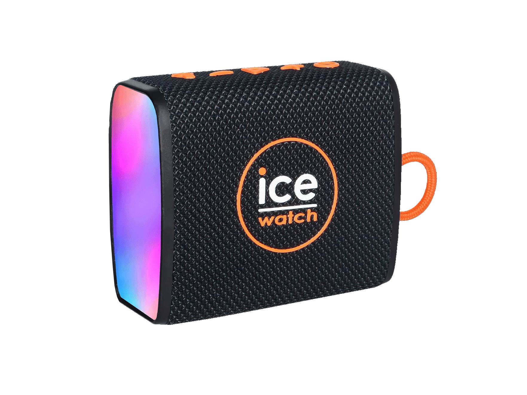 Kompakte Musikbox in Schwarz mit buntem LED-Licht, Hersteller Ice Watch, Modell 023622, geeignet für mobiles Musikstreaming, modernes Design, praktische Trageschlaufe.