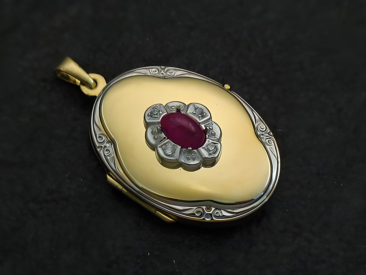Ein bicolor Medaillon aus Gelbgold 333 mit einem ovalen Rubin Cabochon in der Mitte, umgeben von Brillanten, gefertigt vom Juwelier Harnisch.
