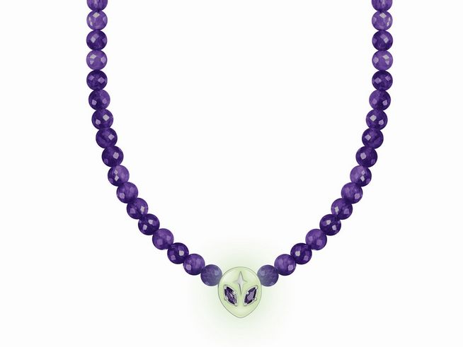 Thomas Sabo Choker mit violetten Steinketten und einem leuchtenden Alien-Anhänger aus Silber und Emaille, verziert mit Zirkonia, Länge 34 bis 42 mm.