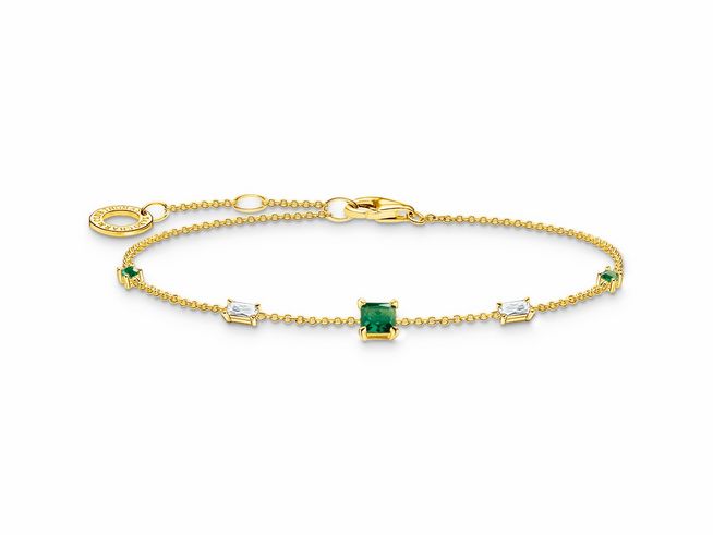Armband aus Sterling Silber verziert mit vergoldeten Elementen, kombiniert mit Glas-Keramik Steinen und Zirkonia. Länge 21 cm, elegantes Design für stilvolle Looks.
