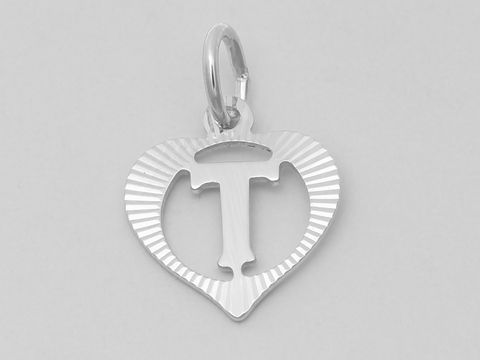 Herzanhänger mit dem Buchstaben T aus 925 Silber, diamantiert, von Juwelier Harnisch, künstlerisch gestaltet mit einer geriffelten Oberfläche.