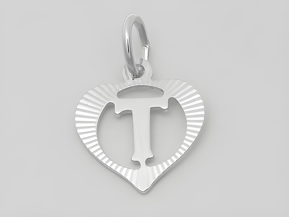 Herzanhänger mit dem Buchstaben T aus 925 Silber, diamantiert, von Juwelier Harnisch, künstlerisch gestaltet mit einer geriffelten Oberfläche.