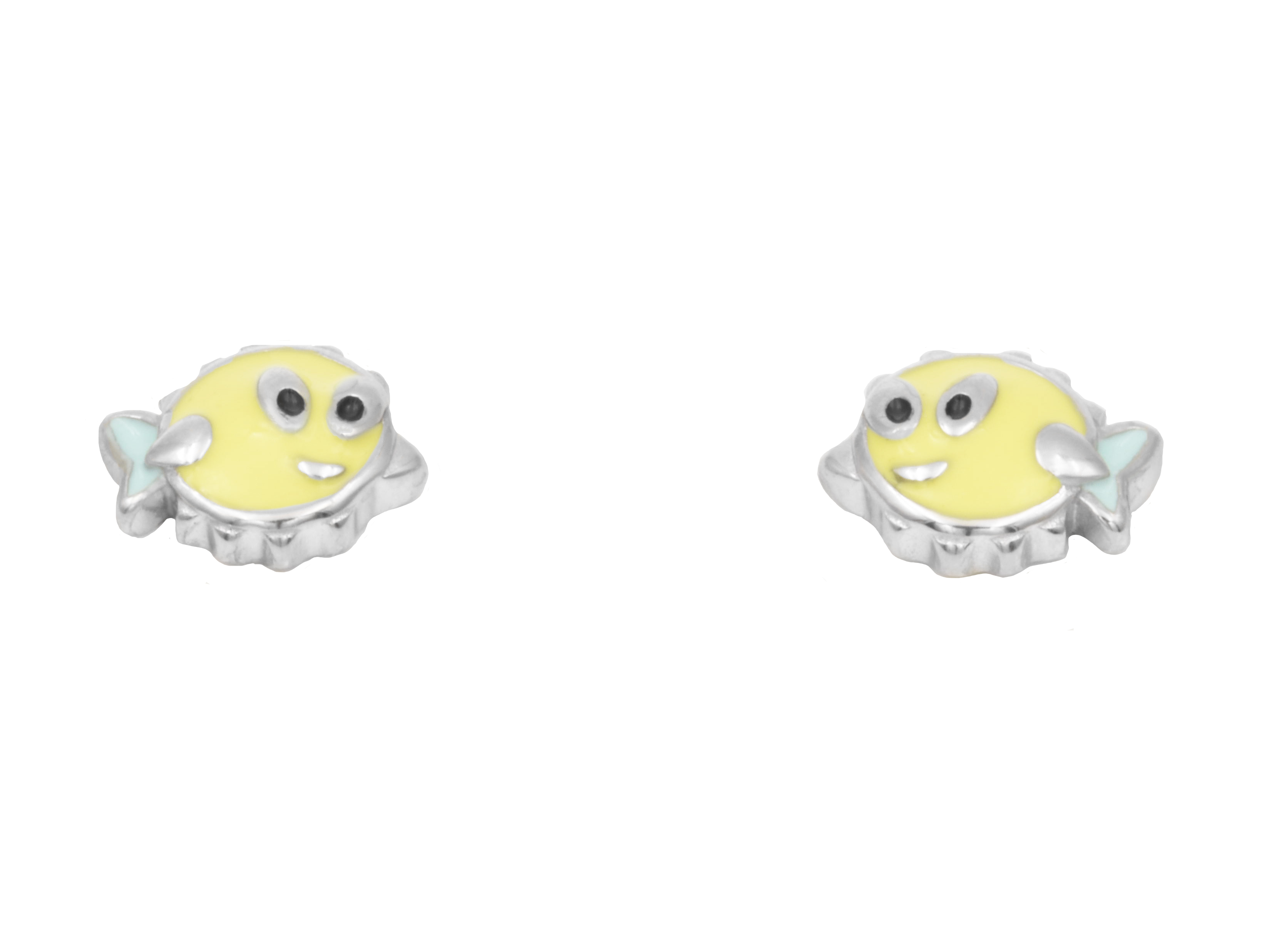 Ohrringe in Form von bunten Neonfischen aus rhodiniertem Sterling Silber mit Emaille, freundliche Gesichtszüge und filigrane Details, hergestellt von Juwelier Harnisch, neu im Sortiment.