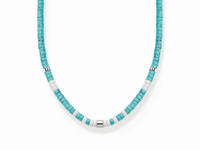 Sterling Silber Kette von Thomas Sabo mit Achat und imitiertem Türkis in verschiedenen Blau- und Weißtönen, 38 cm verstellbar, elegante und moderne Steinkettenoptik.