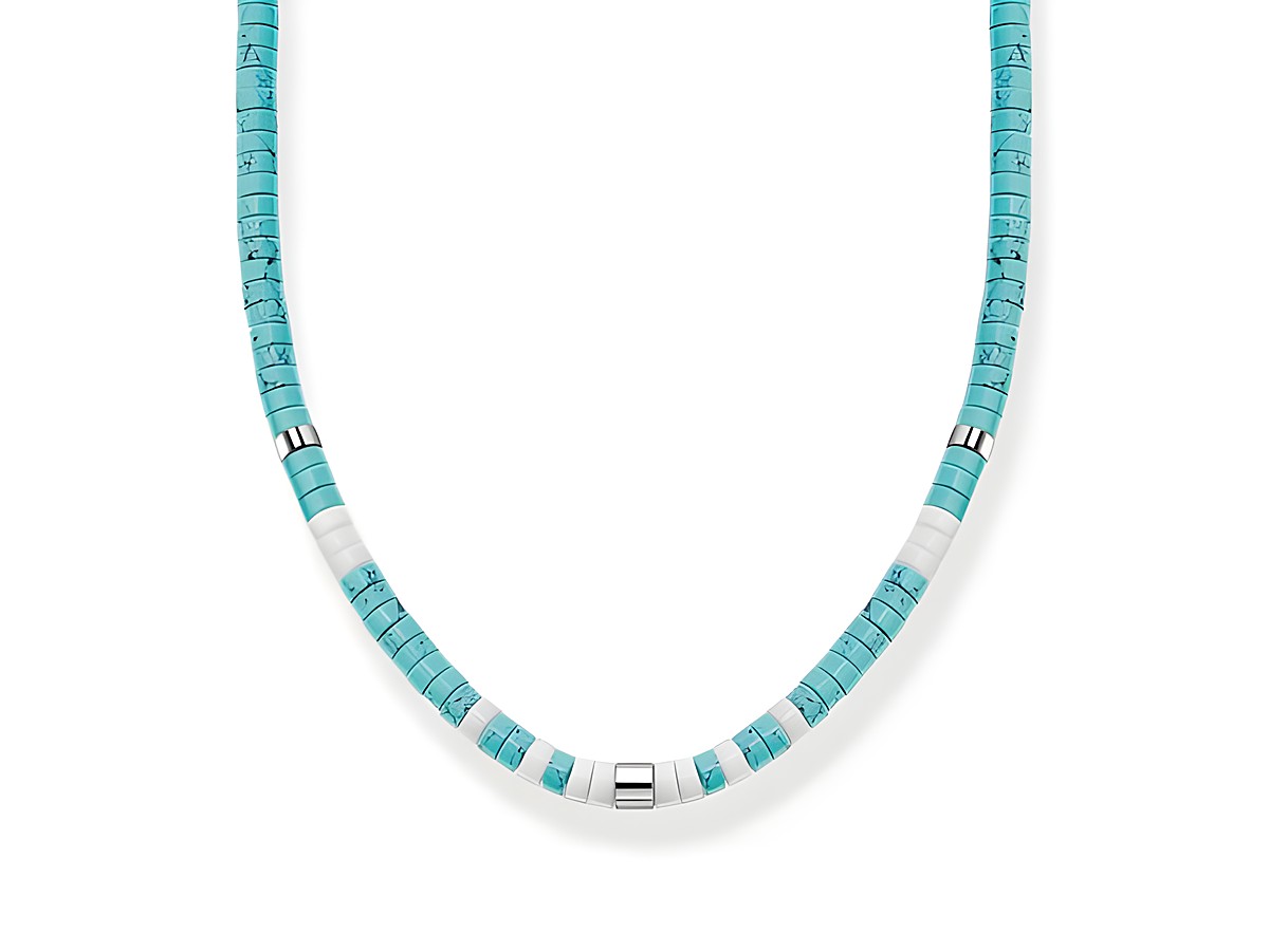 Sterling Silber Kette von Thomas Sabo mit Achat und imitiertem Türkis in verschiedenen Blau- und Weißtönen, 38 cm verstellbar, elegante und moderne Steinkettenoptik.