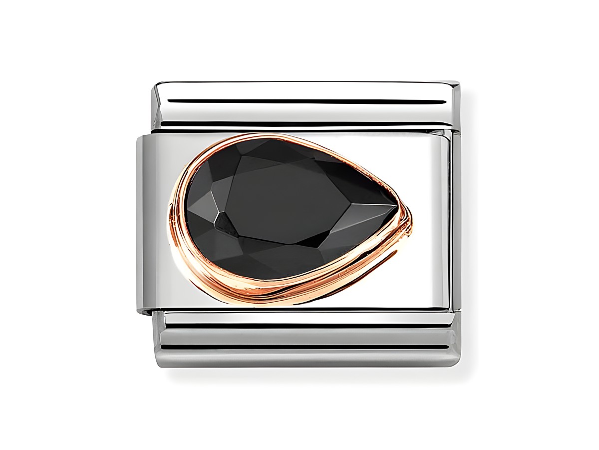 Der klassische Charm in Schwarz und Roségold zeigt einen facettierten Tropfen-Zirkonia, umgeben von einer Edelstahl-Basis, elegant und zeitlos im Design.