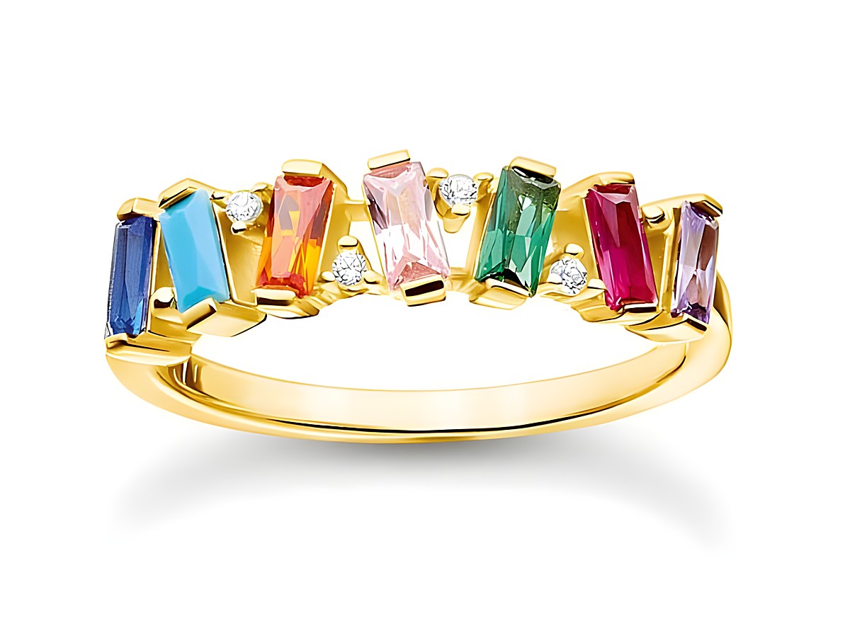 Thomas Sabo Charming Ring in Sterling Silber mit vergoldeter Oberfläche, besetzt mit bunten Glas-Keramik Steinen, synth. Korund und Zirkonia, Größe 50.