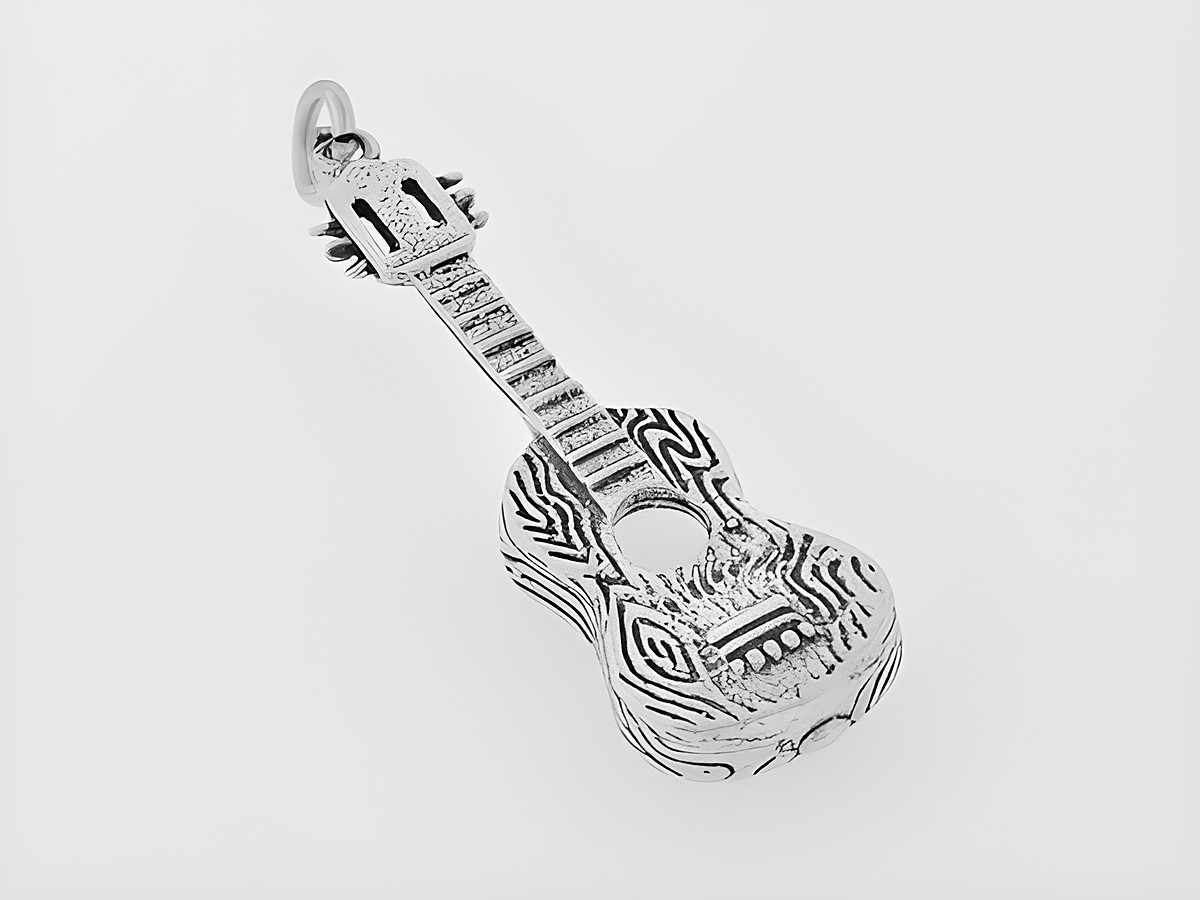 925 Sterling Silber Anhänger in Form einer Gitarre, detailreich verziert, ideal für Musikliebhaber, hochwertig verarbeitet vom Juwelier Harnisch, perfekt als modisches Accessoire.