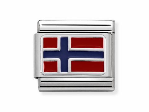 Flagge Norwegens als Schmuckelement von Nomination in klassischem Design, mit roten und blauen Farben auf silbernem Hintergrund. Ideal für Flaggenliebhaber und als modisches Accessoire.