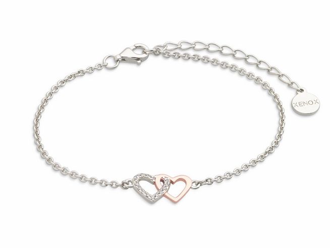 Zierliches Xenox Silber Armband XS2929R mit Ankerkette und zwei ineinander verschlungenen Herzen in Roségold Vergoldung, ideal für romantische Anlässe, Länge 15-18,5 cm.