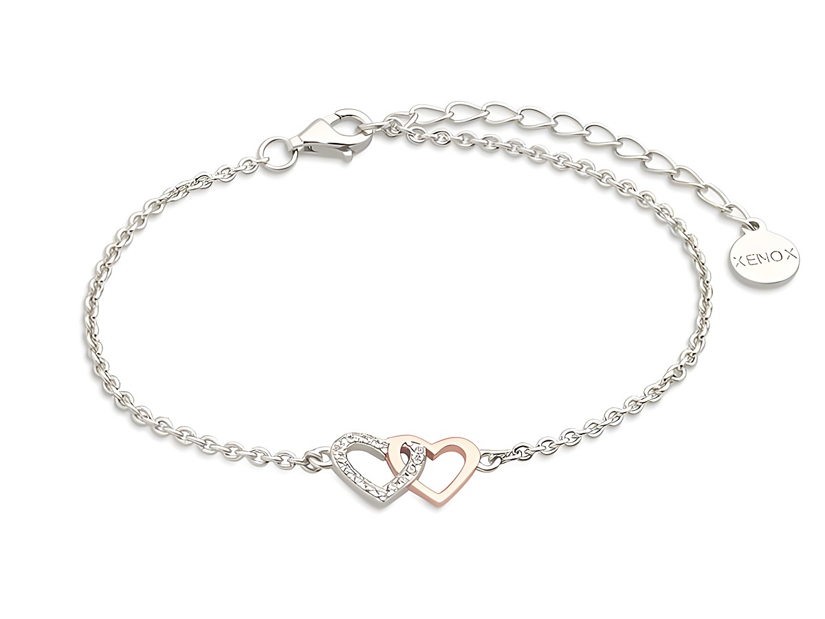 Zierliches Xenox Silber Armband XS2929R mit Ankerkette und zwei ineinander verschlungenen Herzen in Roségold Vergoldung, ideal für romantische Anlässe, Länge 15-18,5 cm.