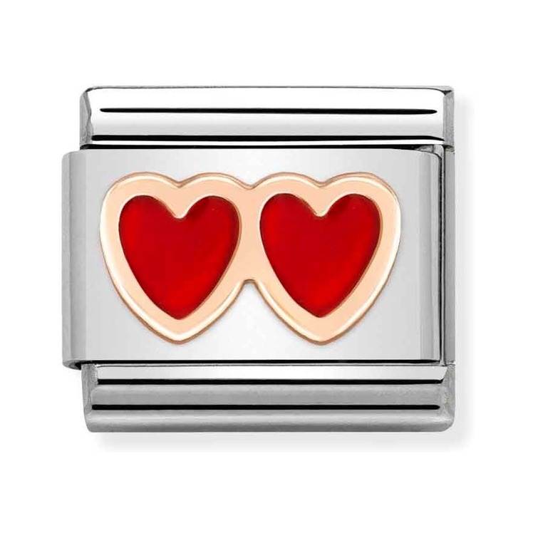 Nomination Composable Classic Charm Doppelherz rot - Edelstahl, roségoldfarben, Emaille