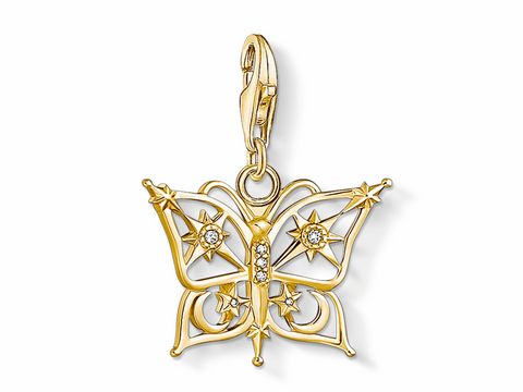 Charm von Thomas Sabo in Silber und Gelbgold, gestaltet als Schmetterling mit Zirkonia, kunstvoll verziert mit Sternen und filigranen Details, ideal für Schmuckliebhaber.