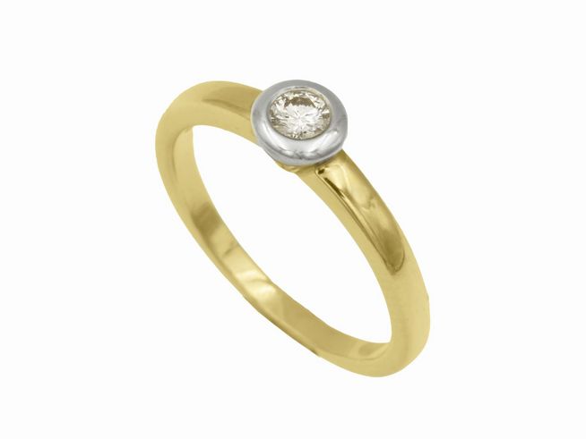Eleganter Ring aus Gelbgold und Weißgold 750 bicolor mit einem Brillanten von 0,10 ct w-vsi, Größe 50, Hersteller Juwelier Harnisch.