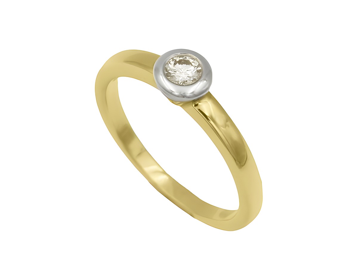 Eleganter Ring aus Gelbgold und Weißgold 750 bicolor mit einem Brillanten von 0,10 ct w-vsi, Größe 50, Hersteller Juwelier Harnisch.