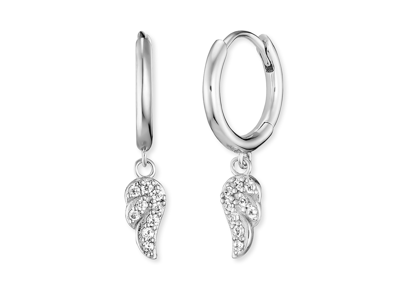 Silberne Ohrringe von Engelsrufer ERE-FLYWING1-ZI-CR FLYWING mit Zirkonia, 14 mm, in Form von filigranen, glitzernden Flügeln, perfekt für elegante Anlässe.