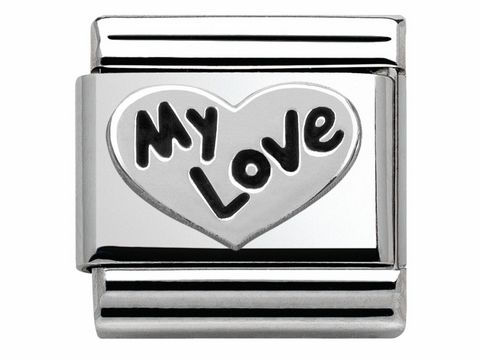 Silberner Charm von Nomination Classic mit dem Schriftzug My Love in Herzform. Der Hersteller ist Nomination, das Modell trägt die Bezeichnung SilverShine und die Nummer 330101 09.