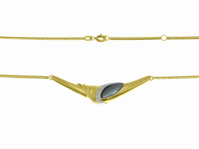 Elegantes Collier mit einem Mittelteil aus gelbgold und weißgold, verziert mit Hämatit und Diamanten, in zwei Längen von 41 cm und 44 cm, Hersteller Juwelier Harnisch.