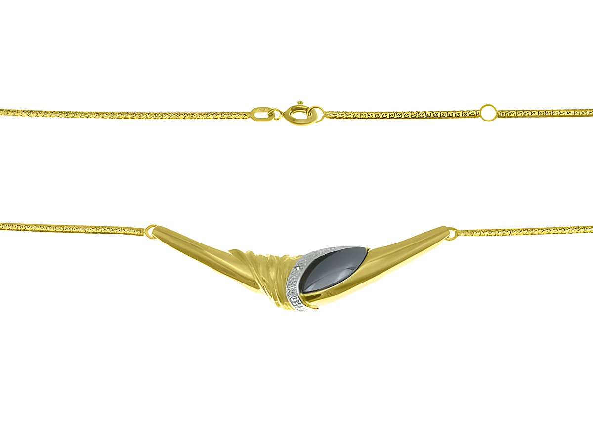 Elegantes Collier mit einem Mittelteil aus gelbgold und weißgold, verziert mit Hämatit und Diamanten, in zwei Längen von 41 cm und 44 cm, Hersteller Juwelier Harnisch.