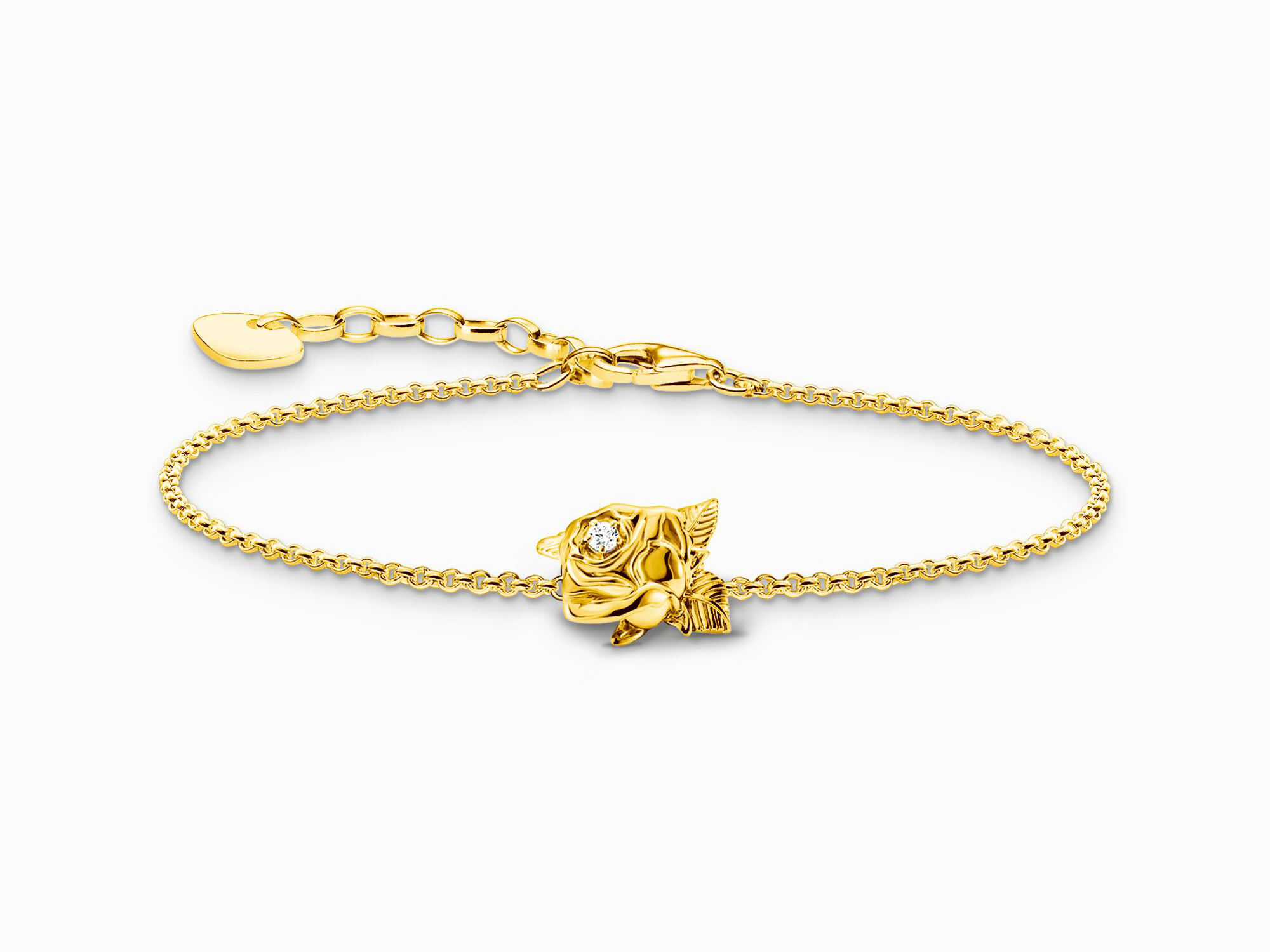 Silbernes Armband mit 750er Vergoldung und Zirkonia, verziert mit einer Rose als Anhänger, verstellbar von 16 bis 19 cm, stilvolles Schmuckstück von Thomas Sabo.
