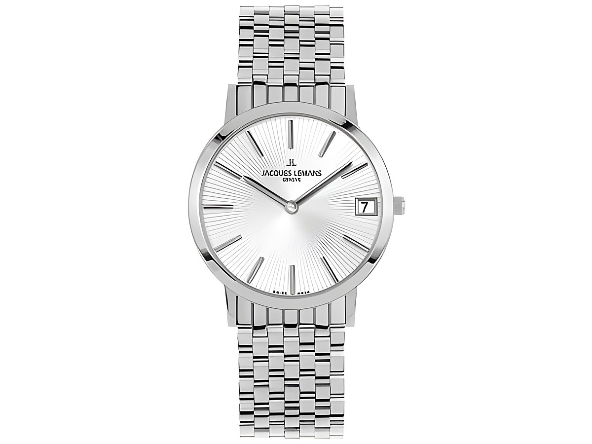 Jacques Lemans Baca G-198L Armbanduhr mit einem silbernen Edelstahlarmband und einem schlichten Ziffernblatt in Silber. Die Uhr hat einen Datumsanzeiger und einen Durchmesser von 29 mm.