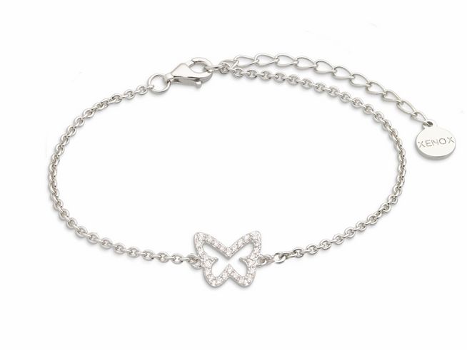 Xenox Sterling Silber Armband XS2933 mit einer Ankerkette und einem funkelnden Schmetterlingsmotiv, verstellbar von 15 bis 18,5 cm, ideal für elegante Akzente.