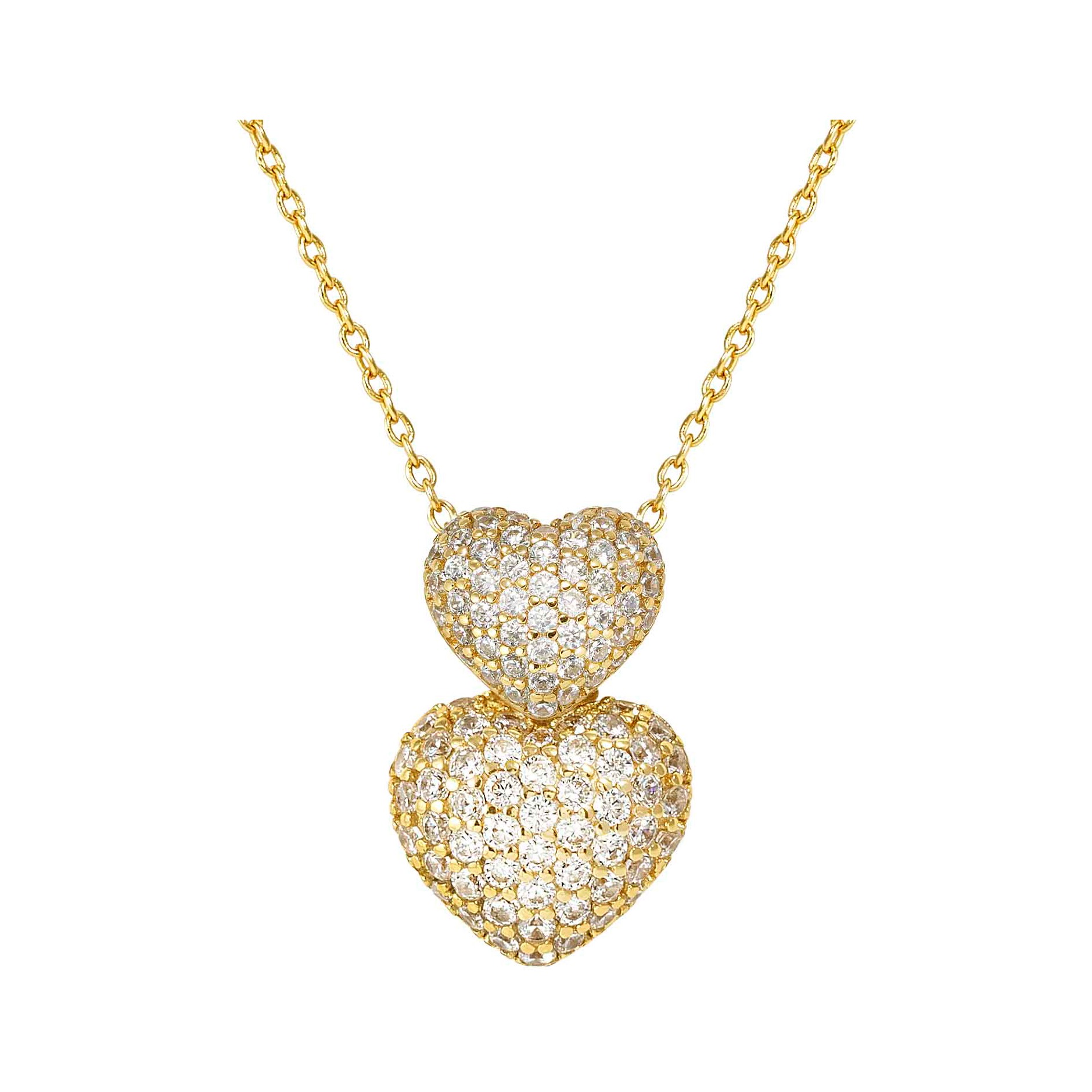 Zwei vergoldete Herzen aus Sterling Silber mit funkelnden Zirkonia in Pavé-Fassung hängen an einer feinen Kette, ideal als romantisches Schmuckstück von Nomination.