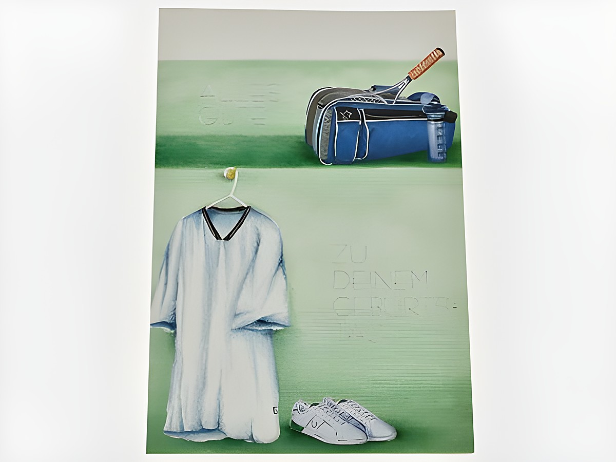 Auf der Geburtstagskarte sind ein Tennisschläger, eine blaue Tennistasche, ein weißes Tennisoutfit und passende Schuhe abgebildet. Darunter steht der Text zu deinem Geburtstag.