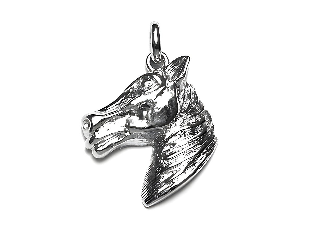 Silber Anhänger Pferdekopf aus 20 x 17 mm, detailreich und filigran gestaltet, Hersteller Juwelier Harnisch, ideal für Tierliebhaber und Schmuckfans.