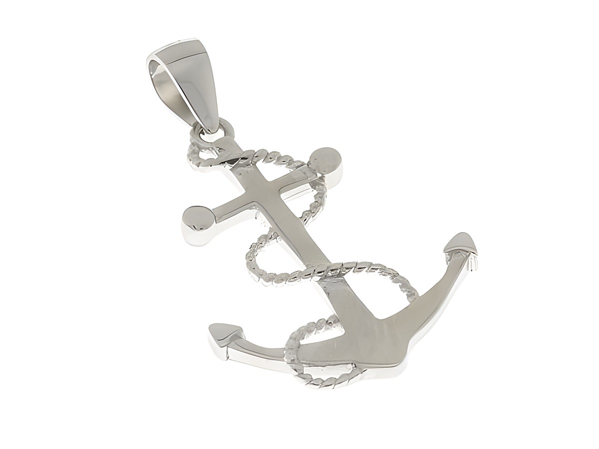 Anhänger in Form eines Ankers aus Silber rhodiniert mit einem Seil-Design, maritimes Motiv, Hersteller Juwelier Harnisch, ideal für maritime Liebhaber und Seefahrt-Enthusiasten.