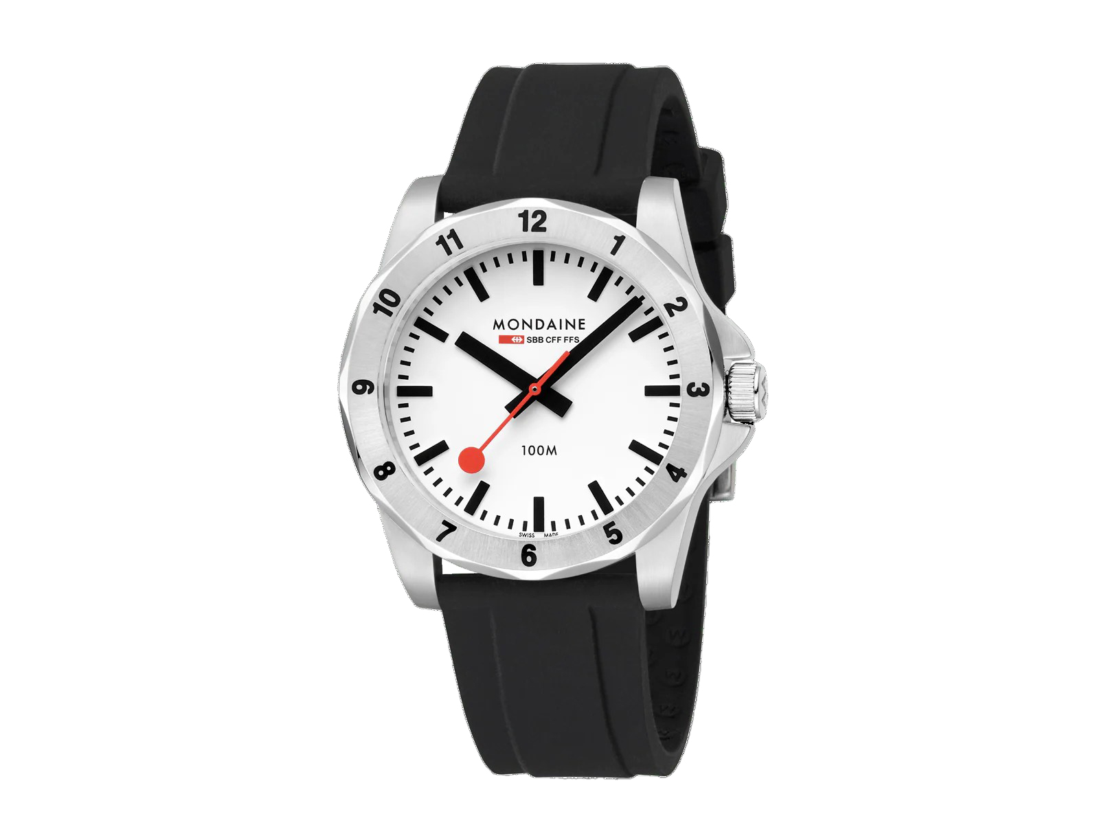 Mondaine Uhr MSN.4211B.RB mit schwarzem Silikonarmband und einem weißen Ziffernblatt. Große schwarze Ziffern und ein roter Sekundenzeiger sind gut lesbar. Wasserdichtigkeitsgrad 100 Meter.