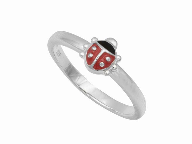Kinder Ring aus rhodiniertem Sterling Silber mit Marienkäfer Motiv in rot und schwarz, ideal als Schmuckstück für Kinder, Größe 42, Hersteller Juwelier Harnisch.