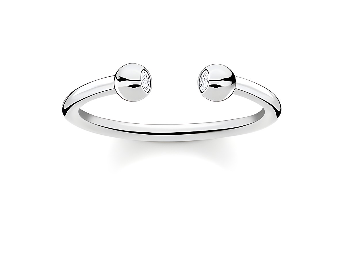 Silberner Ring von Thomas Sabo TR2319-051-14-54 in Größe 54 mit klaren Zirkonia. Der Ring hat eine elegante, offene Form mit zwei funkelnden Zirkonia-Kristallen.