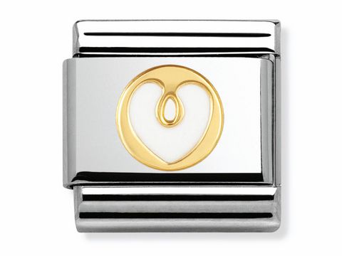 Elegantes Charm mit einem weißen Emaille-Herz und goldfarbenem Detail in der Mitte, umgeben von einem glänzenden Edelstahlrahmen, aus der Elegance Collection von Nomination.