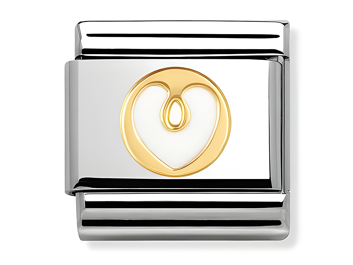 Elegantes Charm mit einem weißen Emaille-Herz und goldfarbenem Detail in der Mitte, umgeben von einem glänzenden Edelstahlrahmen, aus der Elegance Collection von Nomination.
