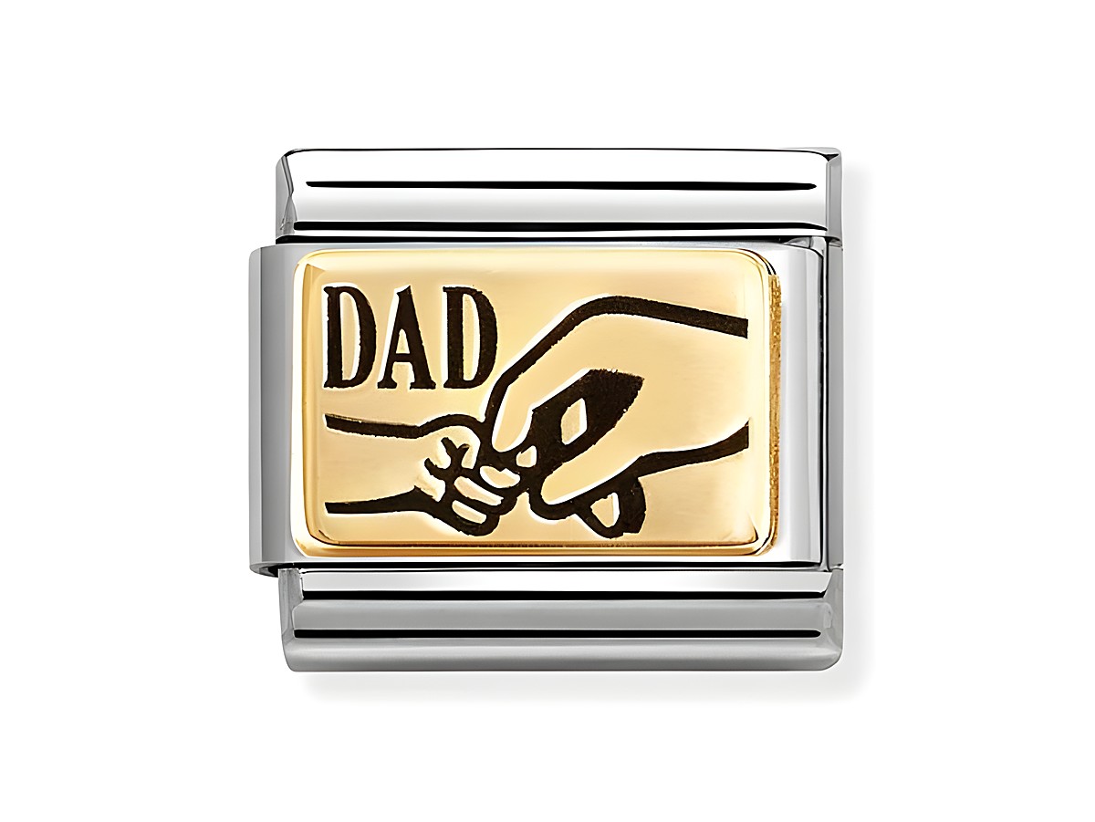 Edelstahlschnalle mit goldenem Emblem, darauf eine stilisierte Hand, die einen kleinen Finger hält, und der Schriftzug Dad. Ideal als modisches Accessoire für Väter.