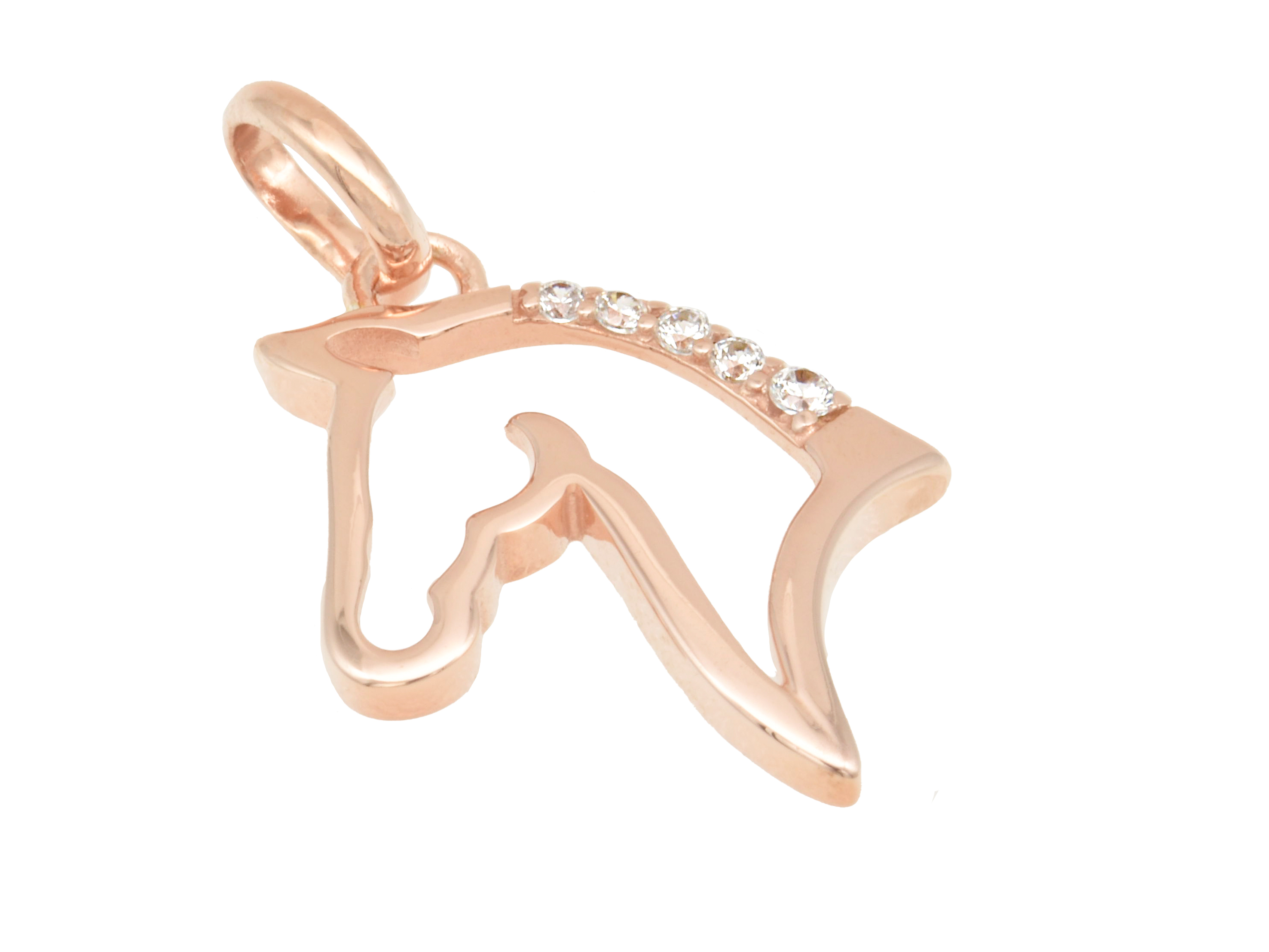 Silber Anhänger Pferde Kopf in Roségold vergoldet und poliert, verziert mit Zirkonia, hergestellt von Juwelier Harnisch, elegantes Schmuckstück für Tierliebhaber.