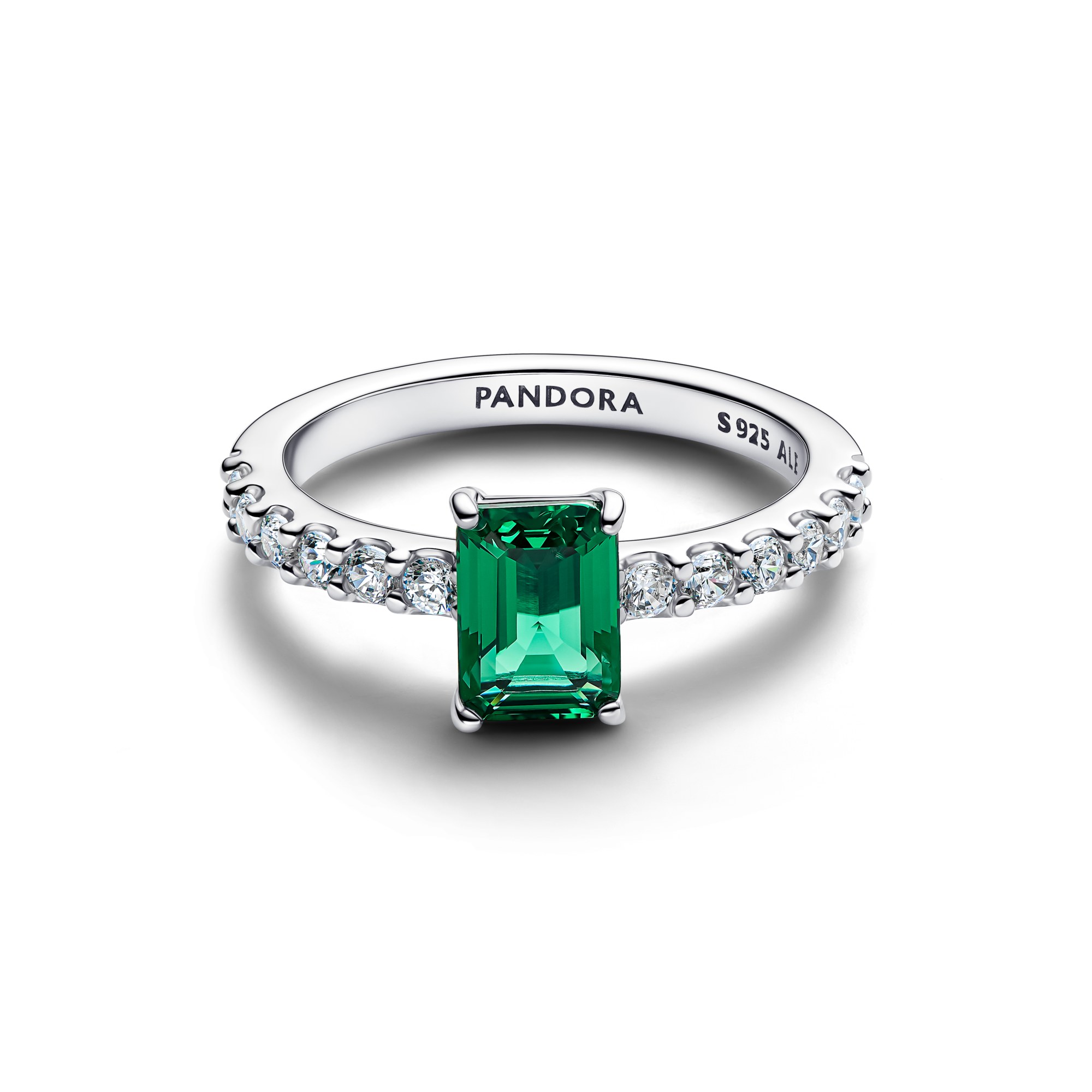 Pandora Rechteckiger Funkelnder Grüner Strahlenkranz Ring - Sterling Silber - Steinmix Grün – Ansicht 2