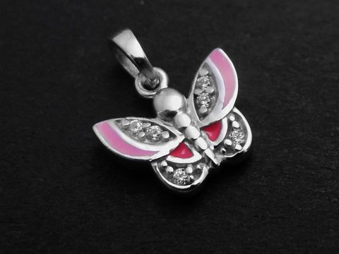 Schmetterling Anhänger aus rhodiniertem Sterling Silber in rosa-fuchsia mit Zirkonia für Kinder, Hersteller Juwelier Harnisch.