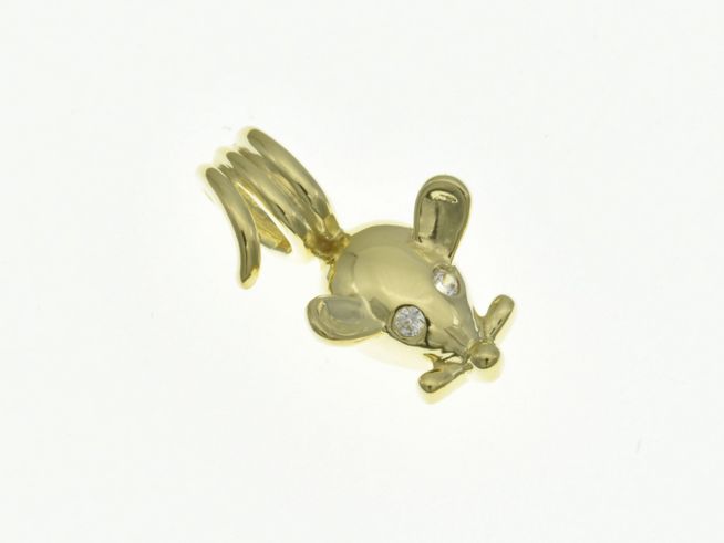 Maus Anhänger aus Gelbgold 750 mit Zirkonia-Augen, filigranes Design, ideal für Tierliebhaber, hergestellt von Juwelier Harnisch, glänzende Oberfläche.