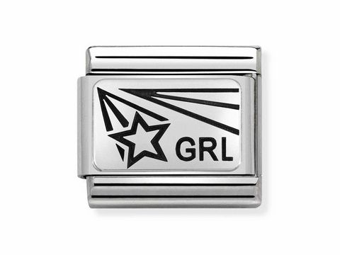 333010918-0 Oxidierte Plakette von Nomination mit dem Design eines Sterns und dem Schriftzug GRL, gefertigt aus Edelstahl in Silber, Teil der Composable Classic Kollektion.
