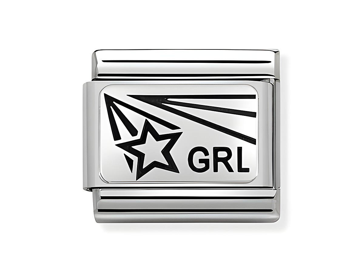 Oxidierte Plakette von Nomination mit dem Design eines Sterns und dem Schriftzug GRL, gefertigt aus Edelstahl in Silber, Teil der Composable Classic Kollektion.
